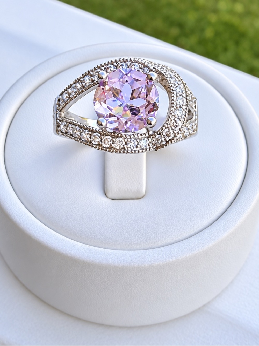 Size 10 Lavender Stone Halo Ring White Gold Filled